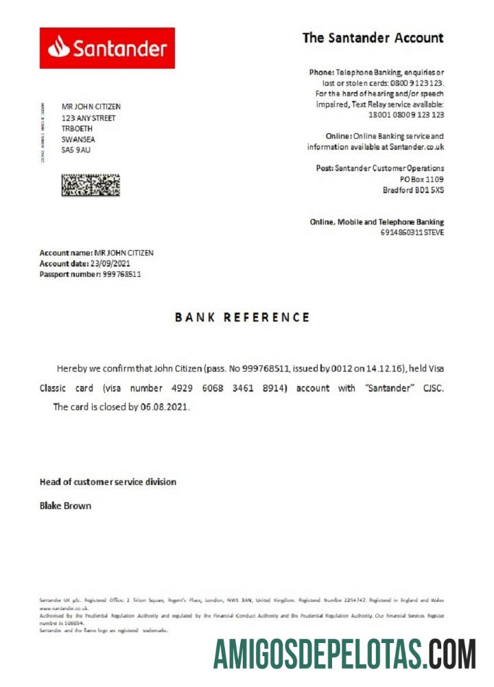 Referência de fechamento do Santander no Reino Unido exemplo